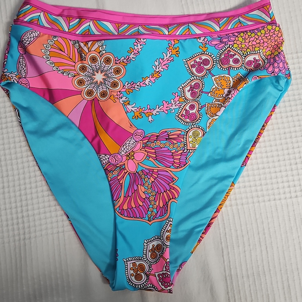 Trina Turk High Waist Islander Swim Bottom: Pink/Lt Blue Floral: Size- 6